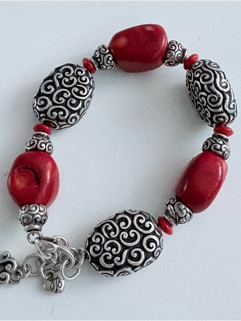 Vintage Brighton Full Moon Rising Red Coral Filigree Silver Tone Beaded Bracelet